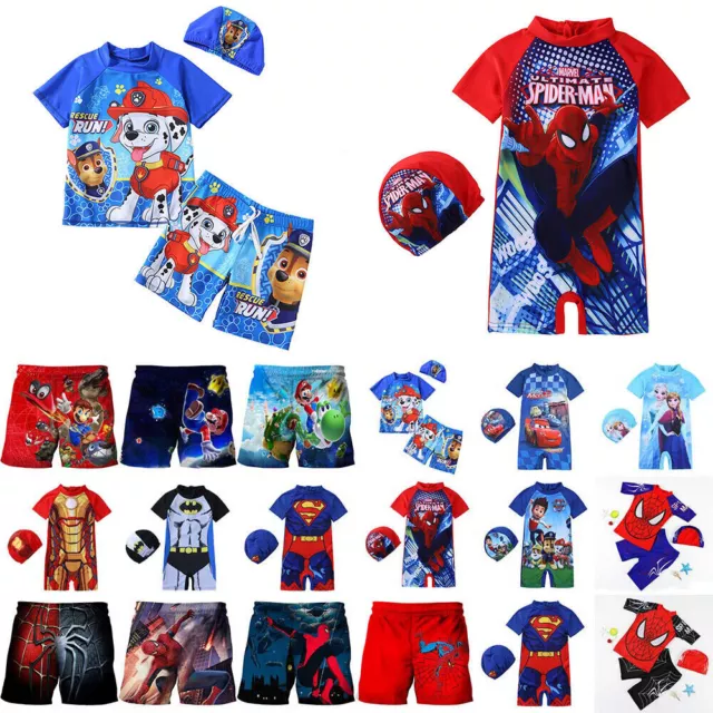 Kids Boys Super Mario Bros Swimwear Spiderman Swim Shorts Swimsuit Swimming Cap♛