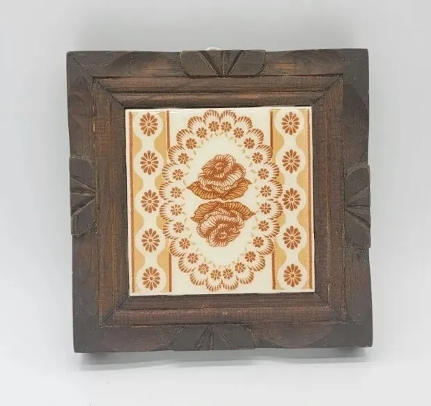 Dal Tile Trivet Footed Wooden Frame Made in Mexico Bohemian Brown Rose Flowers