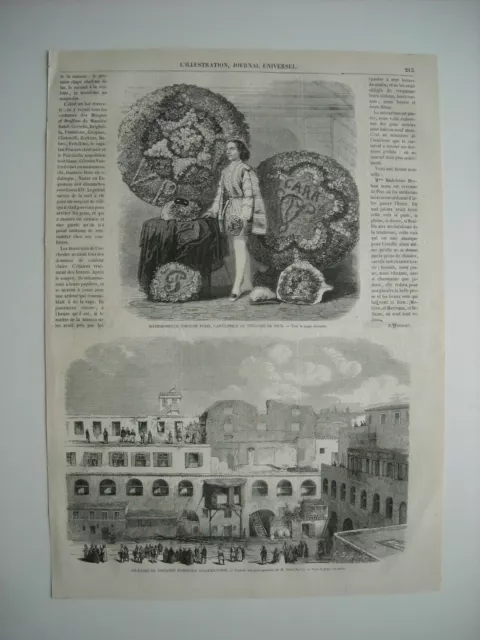 Gravure 1862. Melle. Virginie Pozzi, Cantatrice Theatre Nice. Incendie Alexandri