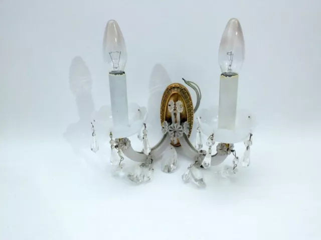 antike stilvolle Wandlampe Glas Kristallbehang Messing Applike um 1950/60 3