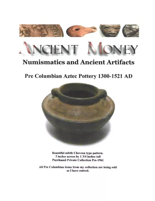Pre Columbian Aztec Pottery Vessel - Chevron type Pattern  - 93 grams weight