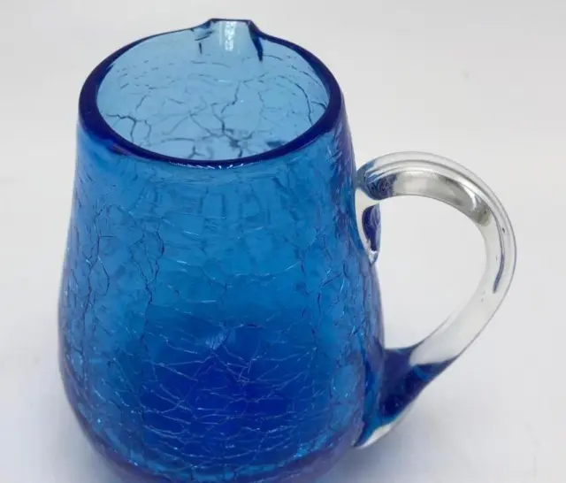 Blue Crackle Glass Creamer or Mini-Pitcher w/ Side Spout & Clear Handle 4"