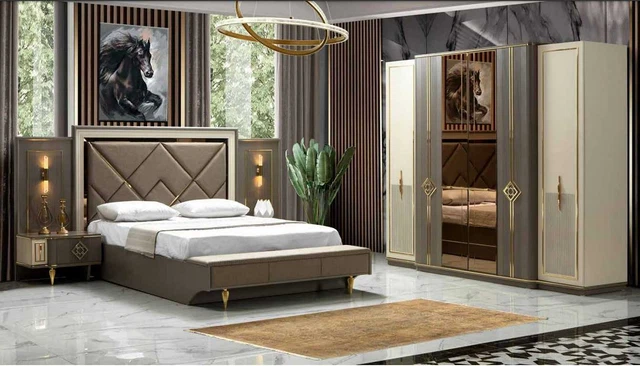 Lit Table de Chevet Penderie Luxe 4 Pièces Chambre à Coucher Set Design Neuf