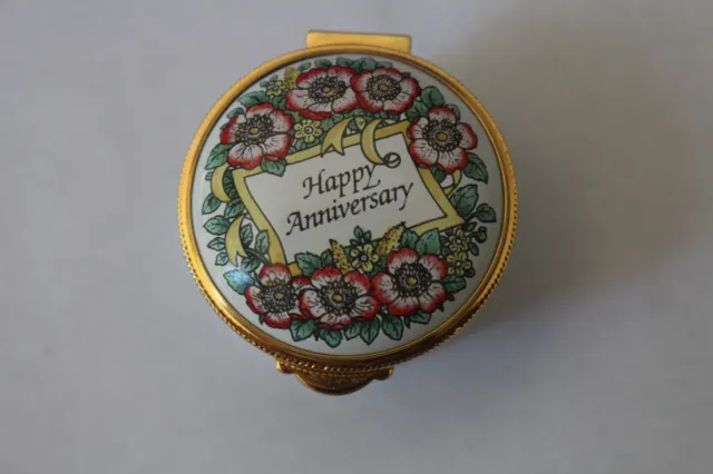 Staffordshire enamels round vntg box HAPPY Anniversary hand-painted England ExC