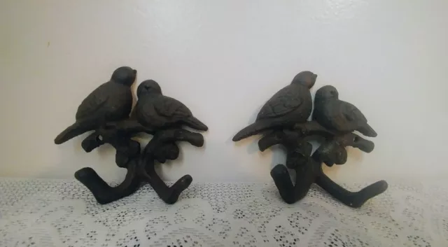 Vtg Cast Iron 2 Birds Wall Mount 'Lot of 2' Hook Coat Hat Key Towel Hook Hanger