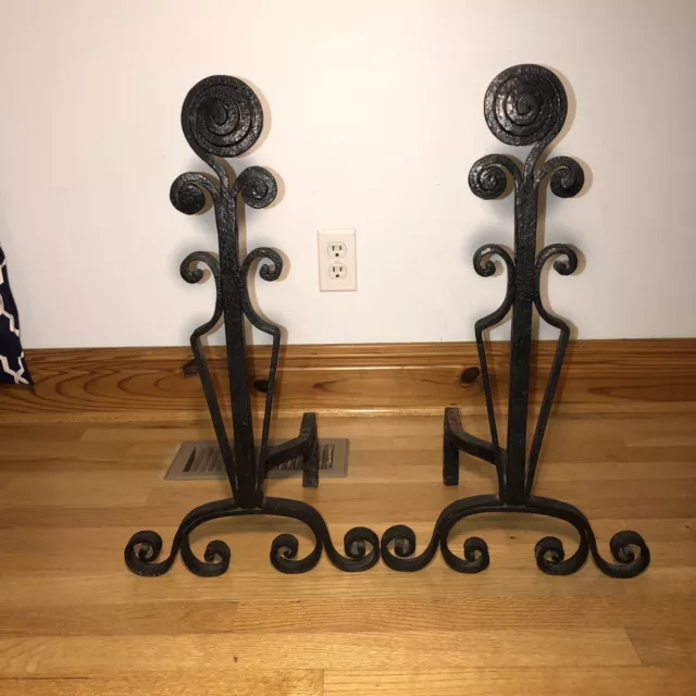 Large 23 3/8” Arts Crafts Wrought Iron Forged Whimsical Scroll Hammered Andirons 2