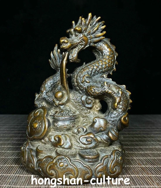 6 &STATUE CHANCEUSE de fortune du bol Dragon fengshui en bronze chinois