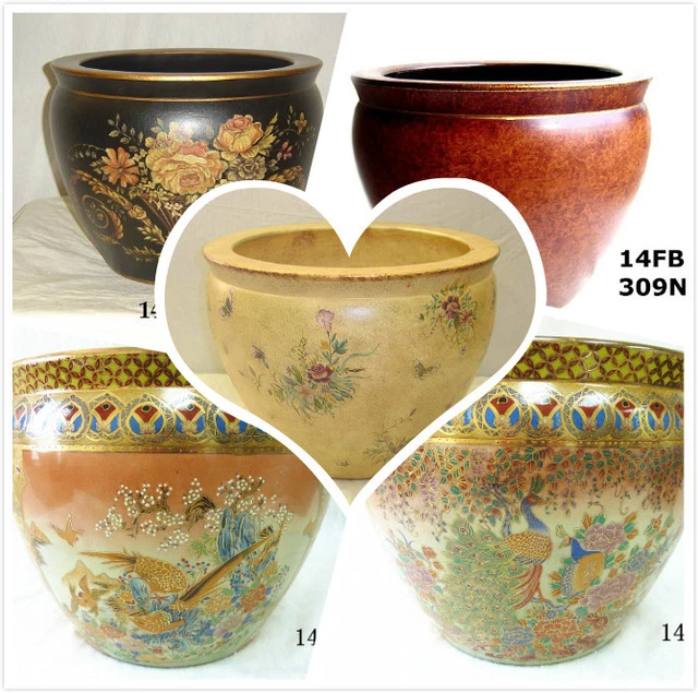 12& PORCELAIN FISH Bowl-Chinese Peacocks Satsuma Jardiniere Plant Pot