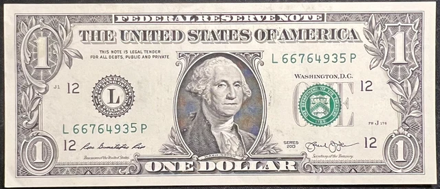 Misaligned Serial Number $1 ONE DOLLAR BILL INK BLEED THROUGH FRONT AND BACK