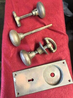 Vintage Antique Solid Brass Door Knobs SET / pull with plate -great patina old