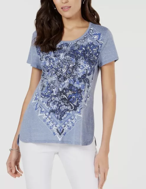 Style & Co Women’s Floral Hues Blue T-Shirt Petite Small - NWT