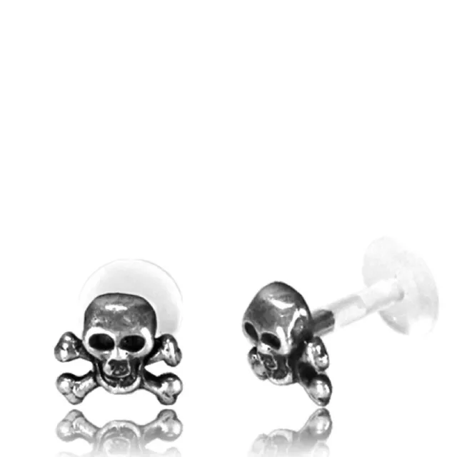 1 Real Silver Skull Labret Tragus Ear Ring Lip Nose Ring Earrings Bioplast Stud