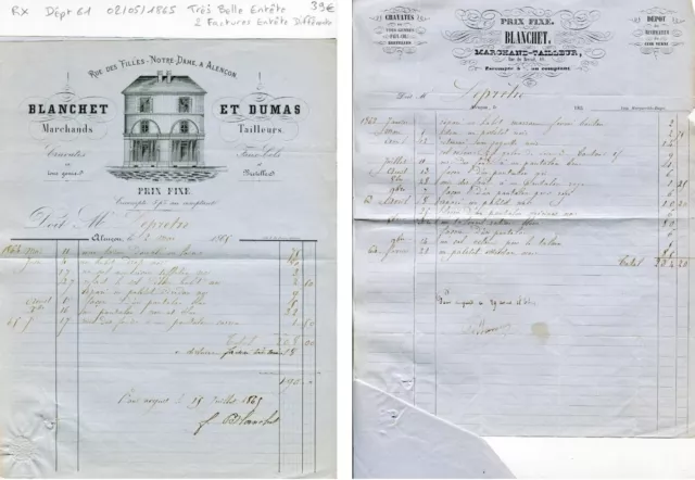 Dept 61 Alençon Rue des Filles Notre Dame - beautiful header tailor 2 invoices 1865