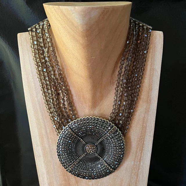 HEIDI DAUS Belgium Disc Smokey Quartz Swarovski 6 Strand Necklace/Pendent