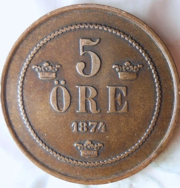 1874 Svezia 5 Ore - Au - Alto Qualità Moneta Svezia Bin #3