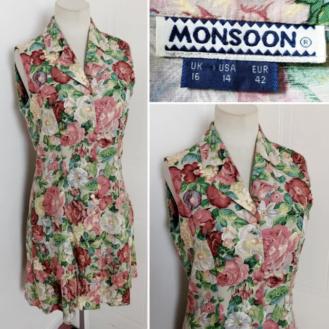 Vintage MONSOON Multicolour Floral Button Down Shirt Tea Dress Size 16