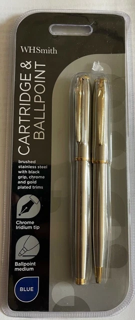 WHSMITH BRUSHED STAINLESS Steel Fountain and Ballpoint Pen Set, Blue ...