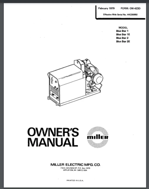 MILLER WELDER BLUE Star 1 1E 2 2E Owner Operator Maintenance Parts