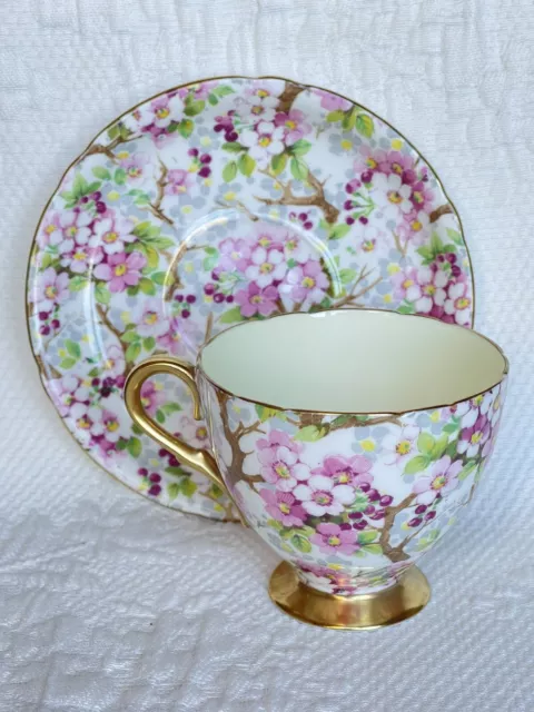 Shelley Maytime Bone China Cup & Saucer Set Gold Trim Pink Floral Vintage