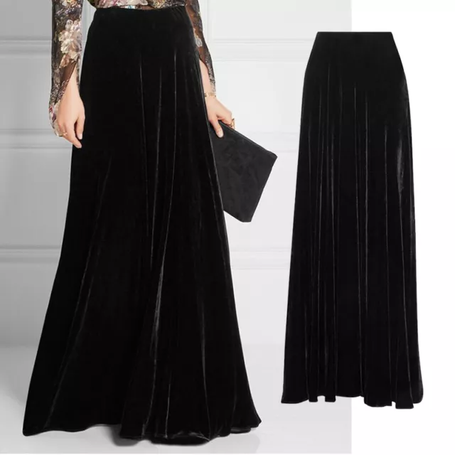 New Fashion Women Loose Black Velvet High Waist Slim Fit A Line Long Skirt Dress