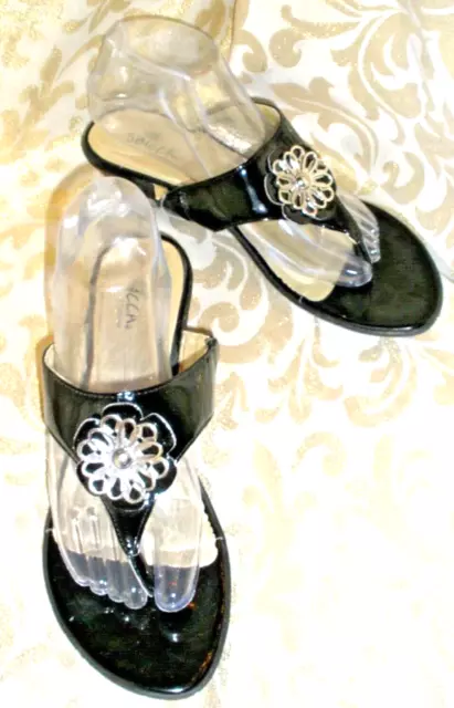 Sibecca Black Man Made Wedge Open Back Silver Accent Thong Sandals 8.5 W Mallory