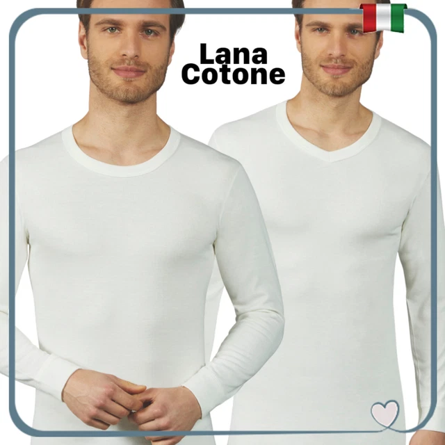 Maglia intima da uomo in lana e cotone manica lunga termica girocollo e scollo a