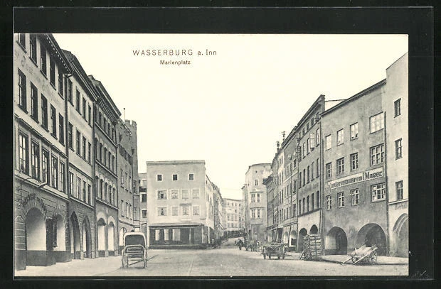 AK Wasserburg a. Inn, Marienplatz mit Gasthof, Bierhalle und Warenlager