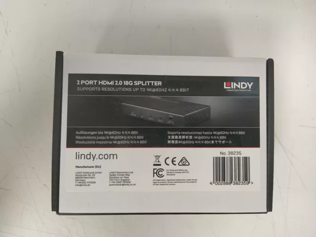 LINDY 2 Port HDMI 18G Splitter 2 ports Répartiteur HDMI 3840 x 2160 pixels noir