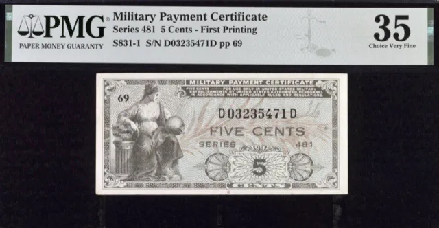 Military Payment Certificate 5c Series 481 First Printing PMG 35 Very Fine Note