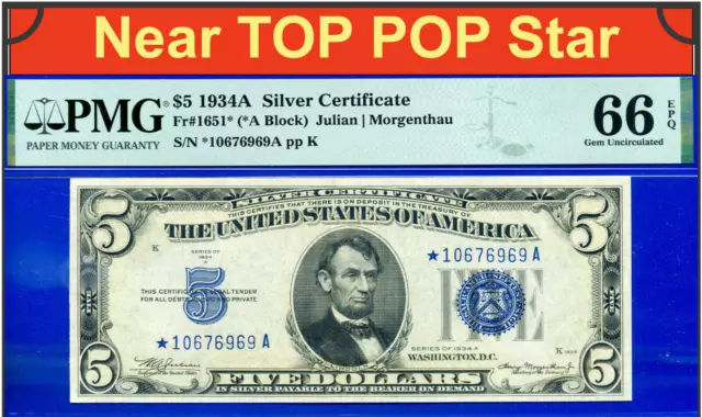 Near TOP POP STAR ✅ 1934-A $5 S/C ➡️ 3rd Finest 🔴 STAR ⬅️ PMG 66EPQ # 76969*