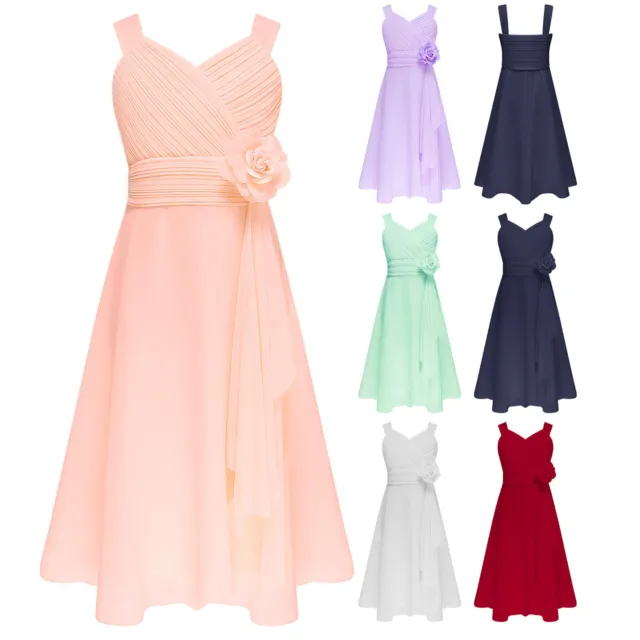 Kids Girls Flower Dress Elegant Chiffon First Communion Gowns Ruched Banquet