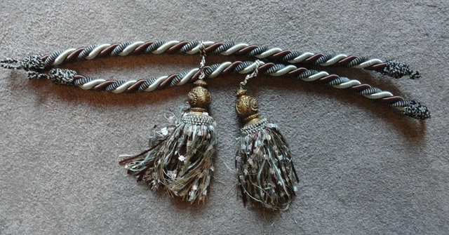 Pair Curtain Drapery Tie Backs Tassels Brown Teal Blue  Gold