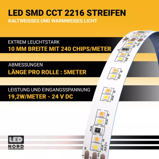 CCT LED Stripe 5M SMD  Warm Kalt weiß 24V Streifen Band 2216 Chip 240/lm dimmbar