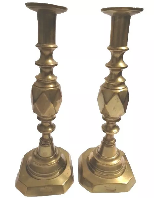 Antique Solid Victorian Diamond Princess English Brass Candle Holders 11"Tall