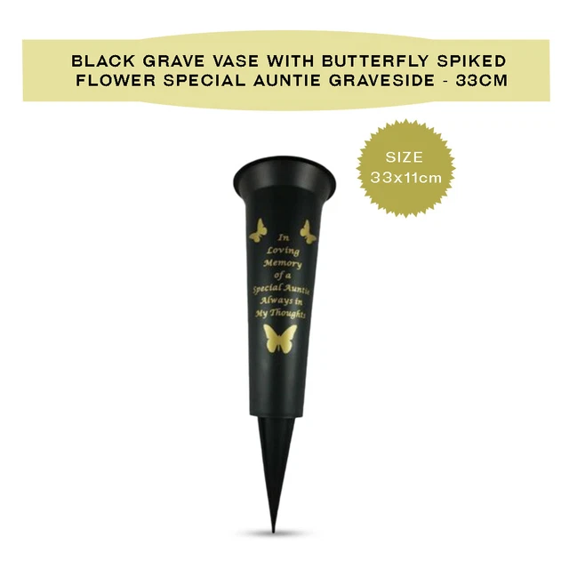 Black Grave Vase with Butterfly Spiked Flower Special Auntie Graveside - 33cm