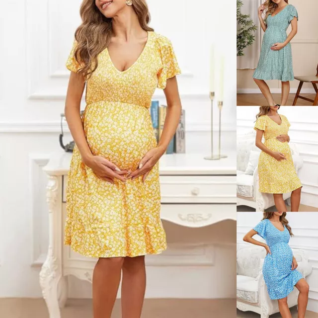 Pregnant Women Floral V-Neck Ruffle Midi Dress Pregnancy Maternity Swing Dress