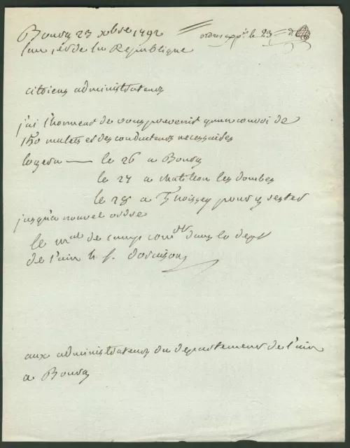 Maréchal de camp DUPEYRON autographe / Convoi de MULETS 1792