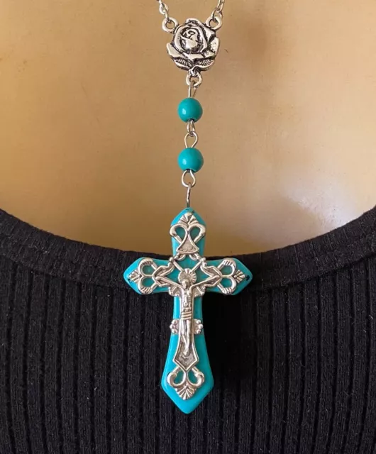 Turquoise Cross Necklace Rosary Style Crucifix Howlite Gemstone Pendant