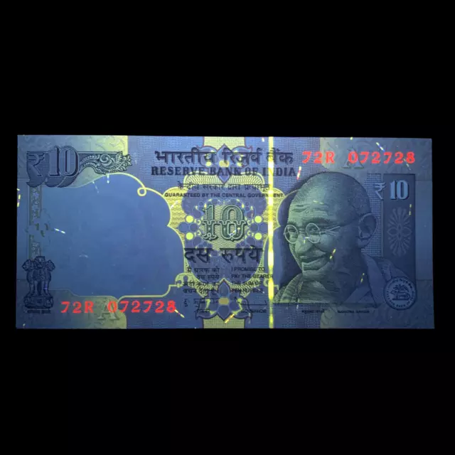 UNDER UV India 10 Rupee Currency. Mahatma Gandhi Banknote. Paper Money Light Art