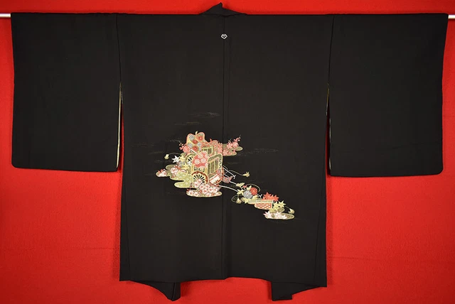 Vintage Japanese Kimono Silk Antique BORO Black HAORI Embroidery/A792/610