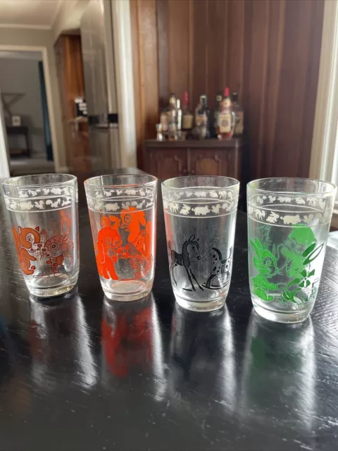 Lot 4 Vintage 1950s Hazel Atlas Kraft Swanky Swigs Colorful Animal Juice Glasses