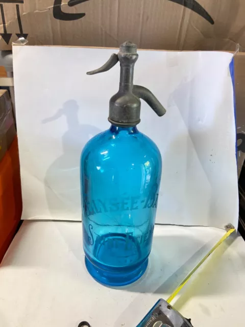 ancien syphon bouteille verre soufflé eau de Seltz  bleu ELYSEE BARS ST ETIENNE