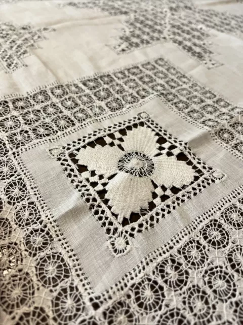 VTG Tablecloth Handmade Cutwork Needle Lace Crochet Linen Ivory WOW! EUC 42x42”
