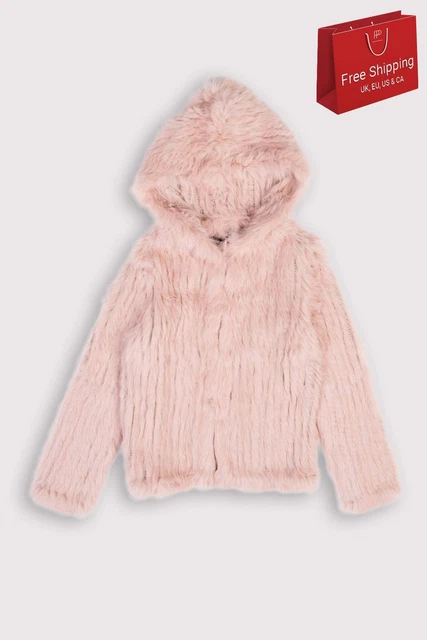RRP €300 JOHN RICHMOND Rabbit Fur Jacket Size 8Y Pink Hook & Eye Hooded
