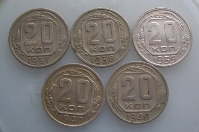 Russia USSR 5 coins 20 kop. 1937 1938 1939 1940 1946
