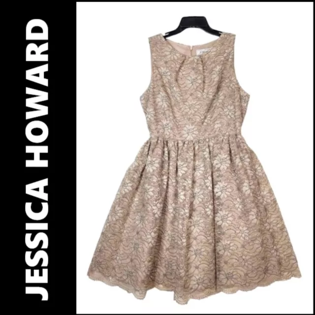 Jessica Howard Beige Dress Women's Size 14 Fit And Flare Sleeveless Lace Floral
