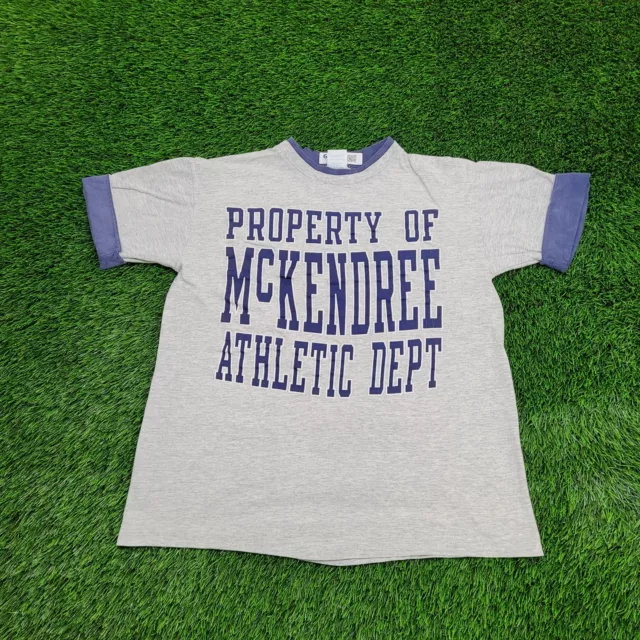 Vintage 90s McKendree University Athletic Dept Shirt L-Short 21x25 Gray Blue USA