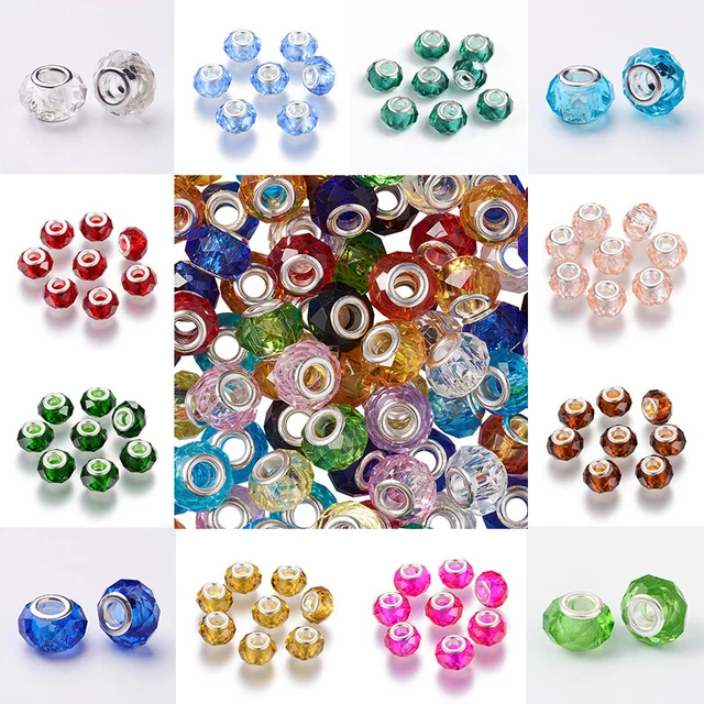 100 Pcs Silver Color Brass Core Handmade Glass European Large Hole Beads 14x8mm