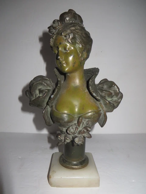 Antique Spelter Victorian Lady Bust 11 1/2” Tall Art Nouveau Style on Onyx  Base