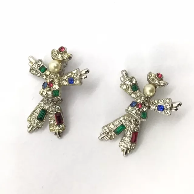 VTG Coro Articulated Clown Cowboy Pin Brooch Set Green Blue Red Rhinestones